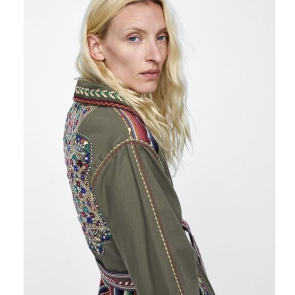 ZARA Green Mirrored Embroidered Tie Waist Boho Ethnic Jacket Small Fits 12 14 - Picture 2 of 9